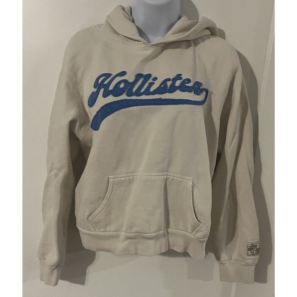 Vintage Hollister Co Pullover Hoodie Cream Blue Script Logo Spellout Sz L Y2K